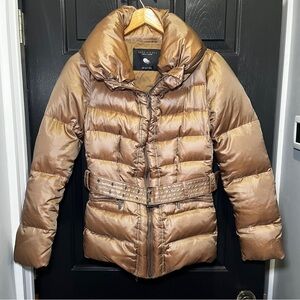ZARA BASIC Women's Brown Polyester Large Collar Belted Puffer Jacket Sz M